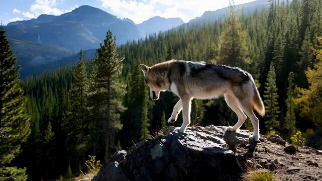 A majestic wolf stands proudly atop a rocky outcrop, surveying the scenic landscape of mountains and evergreen trees