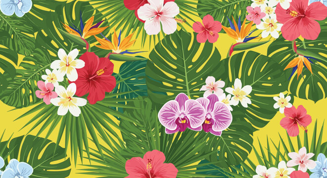 Vibrant tropical floral pattern with exotic flowers like hibiscus, plumeria, orchids, and bird of paradise, amidst lush green palm and monstera leaves on a cheerful yellow background.