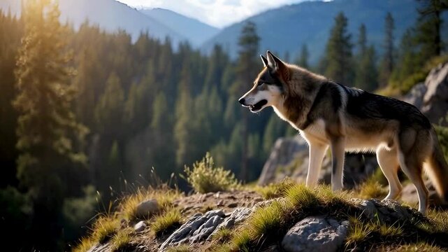 A majestic wolf stands proudly on a hillside, overlooking a dense forest landscape and mountain in the background. The scene captures the raw beauty of the wilderness