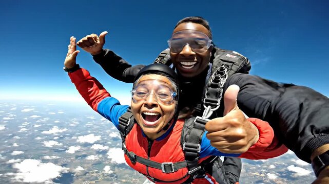Woman tandem skydiving with male instructor showing excitement and a thumbs up in the air over clouds.
