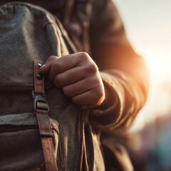 Close Up Of Hand Gripping Backpack Strap Outdoors At Sunset