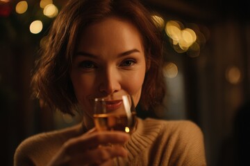 Young woman with short hair, wearing a cozy sweater, is holding a glass of amber drink, smiling warmly, surrounded by festive lights, creating a joyful holiday atmosphere