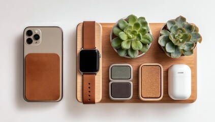 Wooden tray with tech and plants