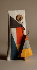 Colorful geometric pouch with wooden ornament
