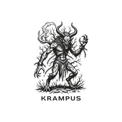 Hand drawn vintage engraving of Krampus mythical creature with horns and chains isolated on white background.