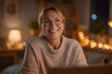 Smiling middle-aged woman with glasses, wearing cozy sweater, sitting in warmly lit room, surrounded by decorative lights, enjoying a joyful moment at home, conveying happiness and comfort