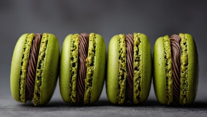 Exquisite Lime Green Macarons with Decadent Chocolate Filling, Elegant Studio Food Photography.