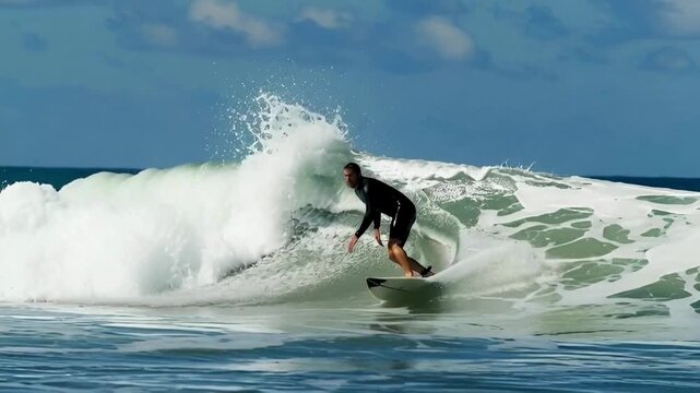 A surfer riding the crest of a wave with skill and balance on his surfboard. The sun is shining, creating a beautiful contrast between the blue ocean and the white foam