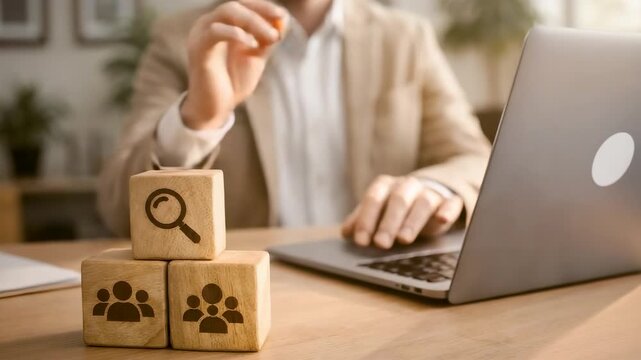 Business Analyst Using Laptop and Wooden Blocks with Search People and Team Symbols Showing Human Resources Research and Workforce Planning