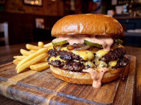 Juicy double smash burger with melted cheese, pickles, and dripping sauce served with crispy french fries on a wooden board in a warm rustic restaurant setting.
