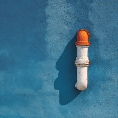 A white pipe with orange cap on a bright blue wall