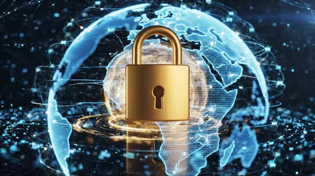 P127-Digital globe security network graph featuring illuminated padlock 4K 10s
