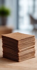 Stack of light brown paper sheets on wooden table