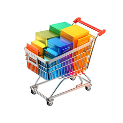 A shopping cart overflowing with colorful boxes, representing a concept of consumerism and shopping isolated on transparent background