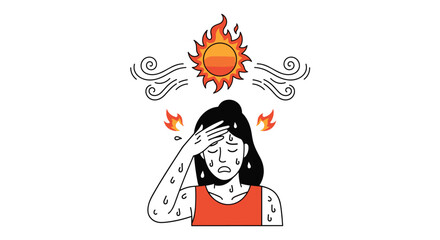 Obraz premium Sweating woman holding her head under a burning hot sun, representing heat stroke and summer weather conditions.