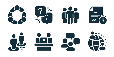 Cooperation and teamwork icon collection. Community circle, question discussion, group people, timed document, location teamwork, office meeting, group chat, global connection