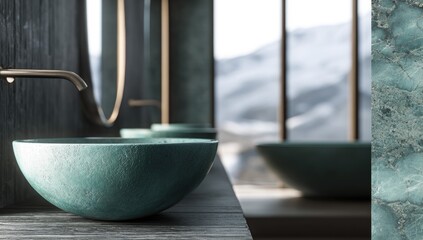 Teal washbasin in a modern bathroom with a mountain view