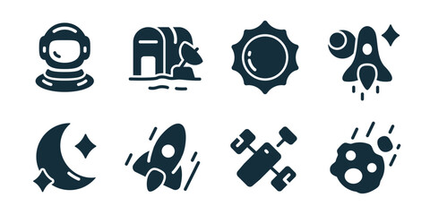 Cosmos and galaxy icon collection. Astronaut helmet, space base, sun star, rocket launch, night moon, fast spacecraft, satellite orbit, asteroid impact © stas111