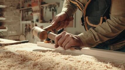 Wood, sander and carpenter in workshop with tools for furniture, production or construction project.