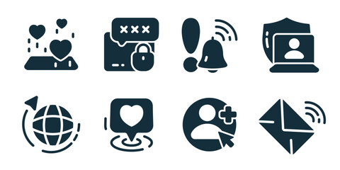 Social media excellent icon collection. Love reaction, locked chat, notification bell, profile screen, global network, liked post, add friend, message send