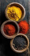 Three wooden bowls of colorful spices on a dark wood surface