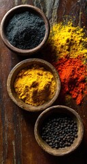 Colorful spice powders in small bowls