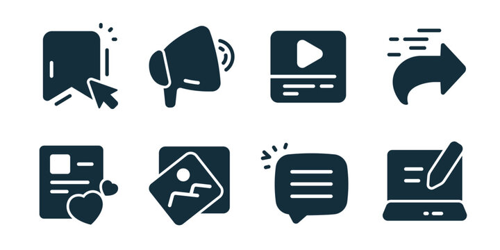 Blog and post excellent icon collection. Bookmark click, megaphone announcement, video post, share arrow, liked article, image card, chat message, edit blog
