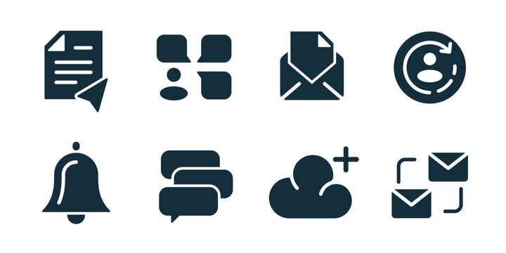 Chat and messaging excellent icon collection. Send document, chat bubbles, mail message, user refresh, notification bell, stacked messages, cloud add, mail sync