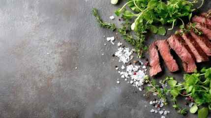 Topdown view of perfectly seared steak slices with fresh herbs, coarse salt, and vibrant greenery on a rustic stone surface, emphasizing gourmet culinary presentation and natural textures