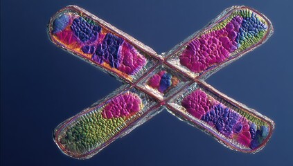 Microscopic X-shaped structure, vibrant colors