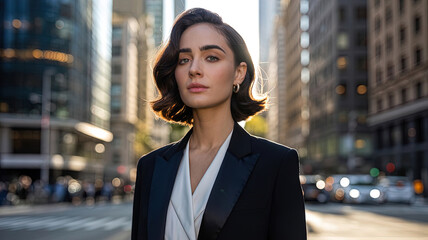 A portrait of a modern woman in a natural setting, a young businesswoman on a city street.