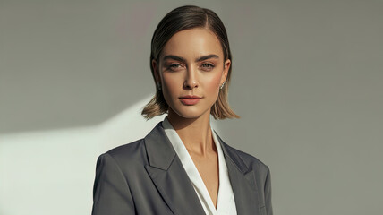 A portrait of a modern woman in a natural setting, a young businesswoman on a city street.