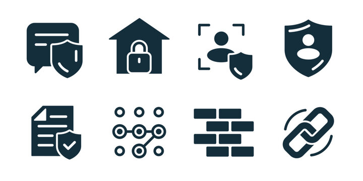 Security excellent icon collection. Secure chat, locked home, protected user, identity shield, verified document, network nodes, firewall wall, secure link