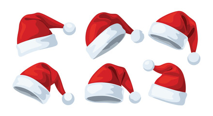 Collection of six red Santa Claus hats in various positions and angles, perfect for Christmas holiday decorations.