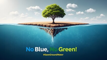 Save Ground Water environmental awareness poster with a lone tree on a fragment of dry soil floating in the ocean under a cloudy sky