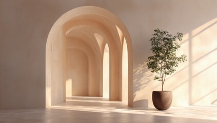 Elegant Minimalist Interior - Arched Corridor Bathed in Golden Sunlight with Potted Greenery.