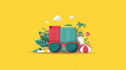 Summer vacation travel accessories on yellow background