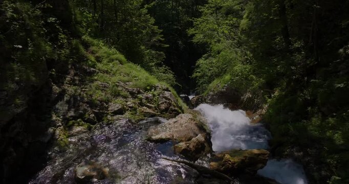 Forward tracking shot glides along whitewater flow over rocks amid lush Picea abies forest and grassy slopes in Lower Austria's Mostviertel region within &Ouml;tscher-Torm&auml;uer Nature Park