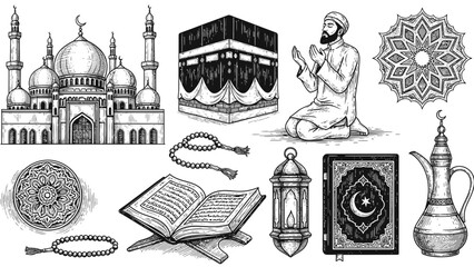 Islamic Prayer Illustration &ndash; Quran, Kaaba and Mosque Symbols for Faith & Worship Design
