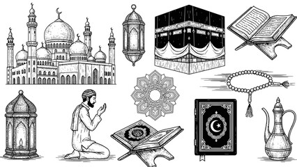 Islamic Prayer Illustration &ndash; Quran, Kaaba and Mosque Symbols for Faith & Worship Design