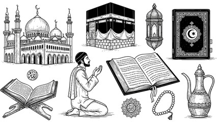 Islamic Prayer Illustration &ndash; Quran, Kaaba and Mosque Symbols for Faith & Worship Design