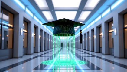 Futuristic Graduation Cap with Digital Code Modern Campus