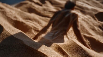 A human silhouette double-exposed with flowing sand transitioning into clock mechanisms, symbolizing time pressure, productivity, and life balance. cinematic color correction, natural uneven