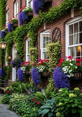 Exterior view showcases a charming brick building facade adorned with abundant cascading flowers and lush climbing greenery