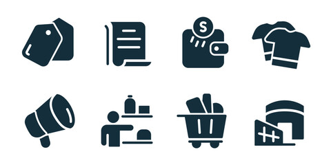 Shopping excellent icon collection. Price tags, document list, wallet money, clothes apparel, auction hammer, store shelf, shopping cart, warehouse building