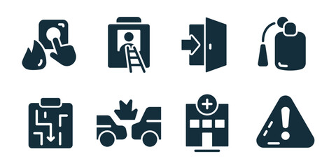 Emergency and accident excellent icon collection. Phone emergency call, rescue ladder window, exit door arrow, fire extinguisher, evacuation plan, car collision, hospital building, warning triangle