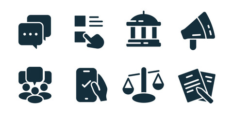 Politics and voting excellent icon collection. Chat messages, interface selection, government building, protest megaphone, group discussion, mobile approval, justice scales, signed documents