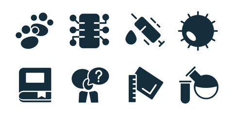 Science excellent icon collection. Paw print, network chip, syringe drop, virus cell, book archive, question discussion, measurement ruler, chemistry flask