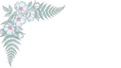 Minimal elegant watercolor floral corner border featuring wild roses and fern in pastel blue isolated on white background.png