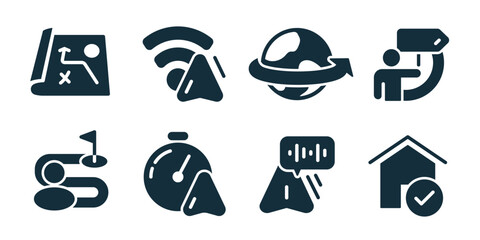 Navigation excellent icon collection. Route plan board, wifi navigation, globe orbit, person direction sign, road path, speed gauge, message route, home check © stas111